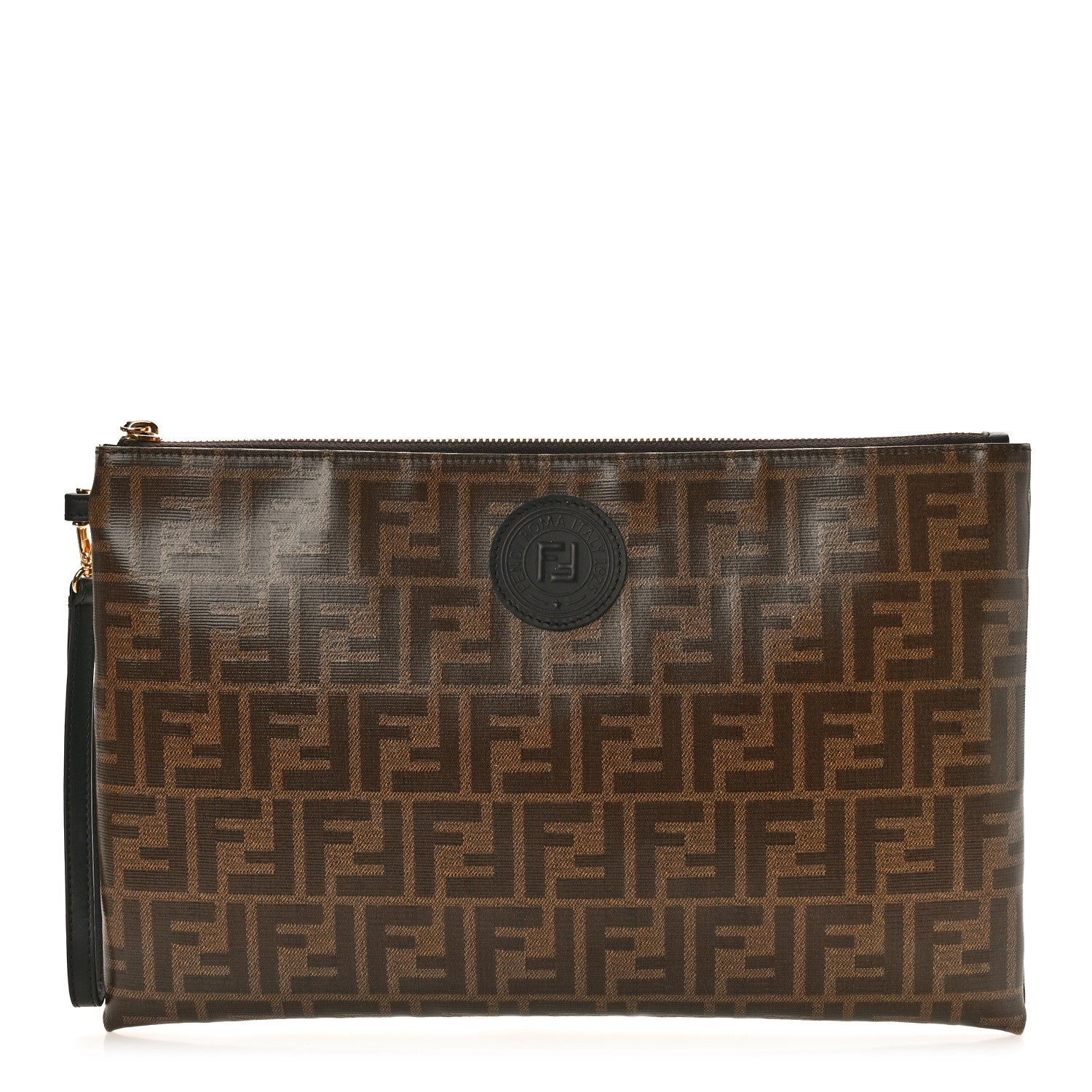 Fendi Glazed Fabric Vitello Century FF 1974 Stamp Patch Large Flat Pouch Mogano Panna Black 1 of 8
