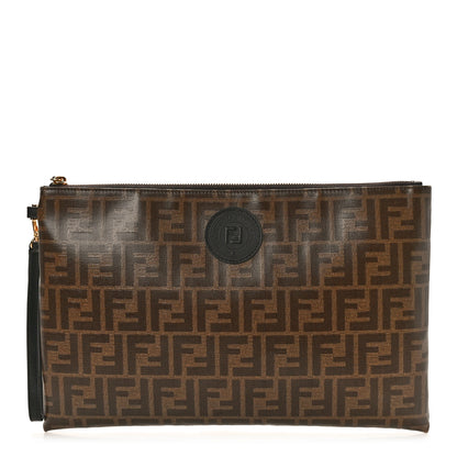 Fendi Glazed Fabric Vitello Century FF 1974 Stamp Patch Large Flat Pouch Mogano Panna Black 1 of 8