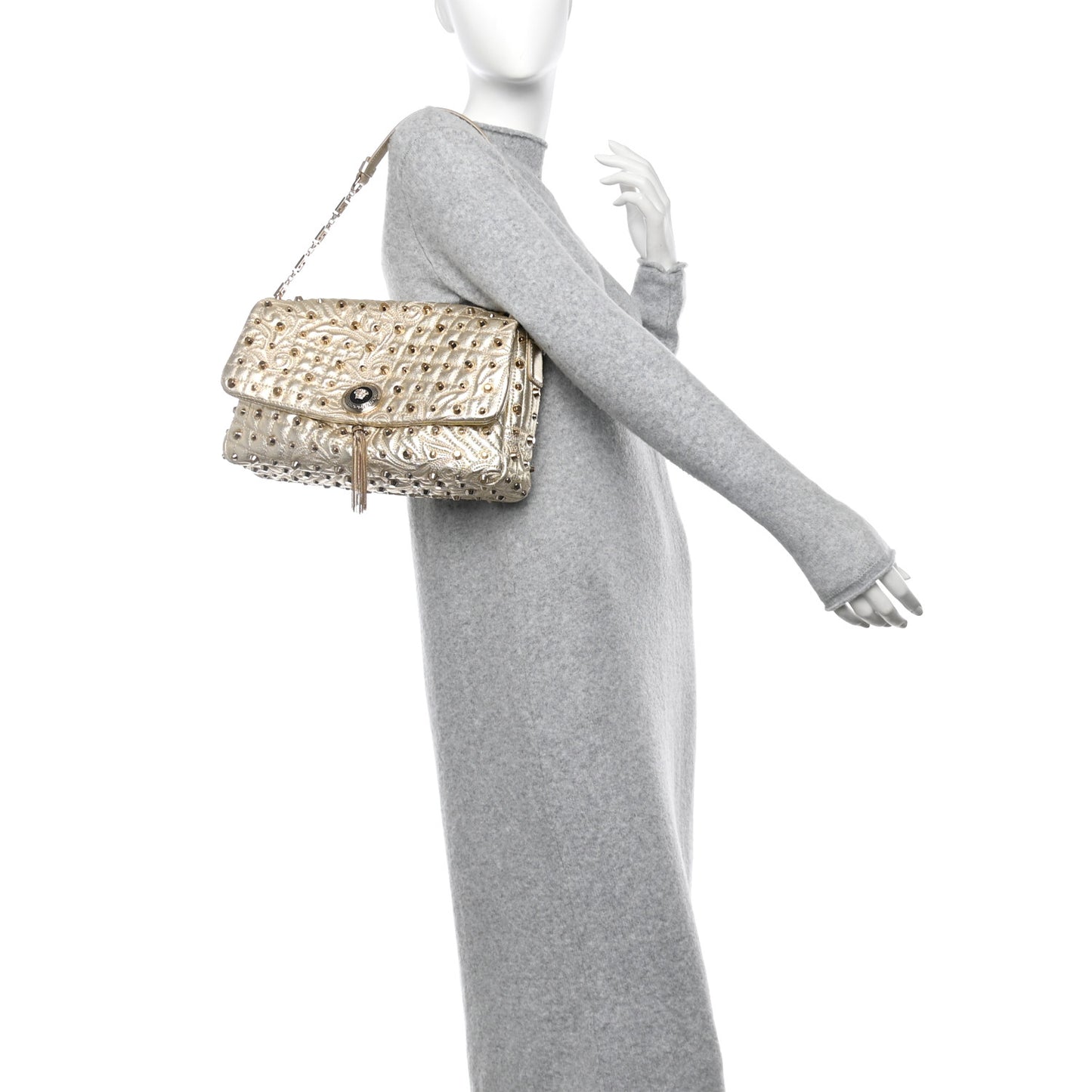 Metallic Nappa Barocco Quilted Studded Calliope Vanitas Shoulder Bag Gold