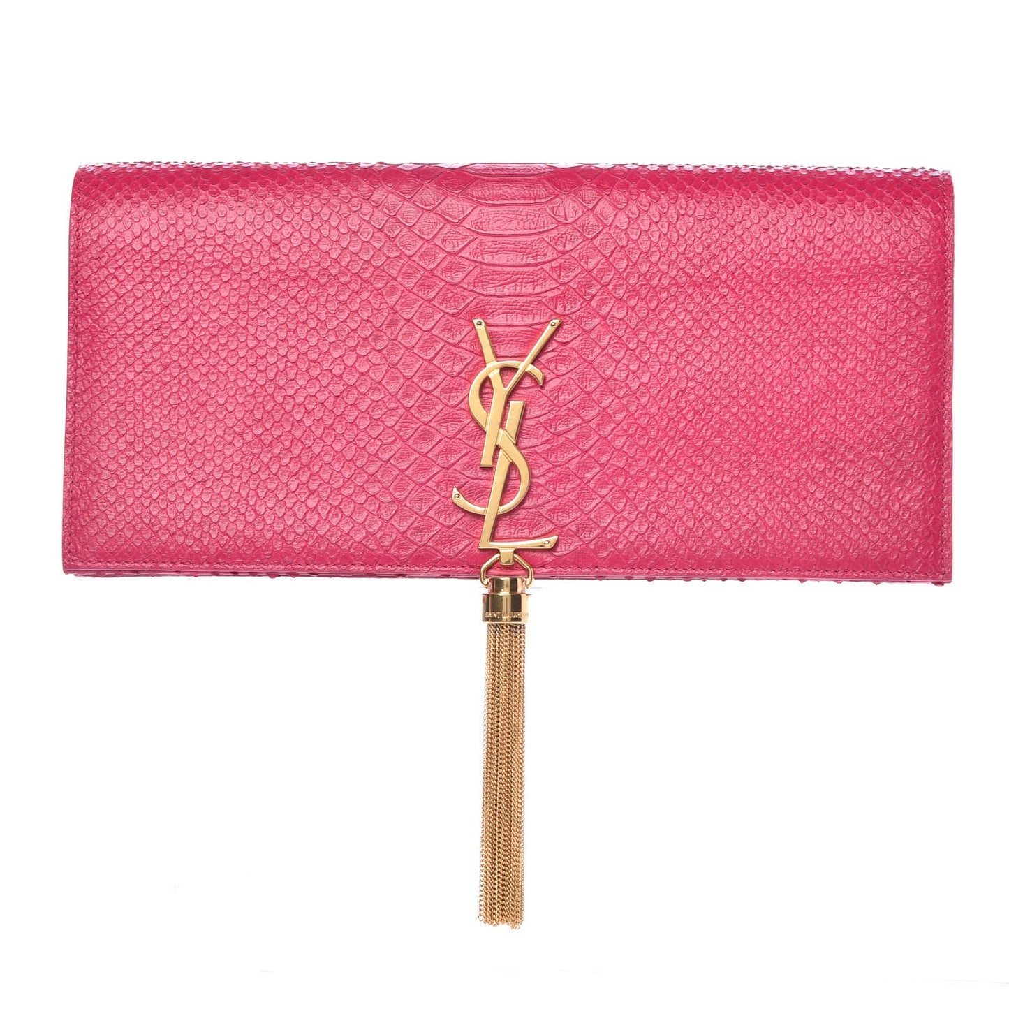 Python Calfskin Embossed Classic Monogram Tassel Clutch Fuchsia