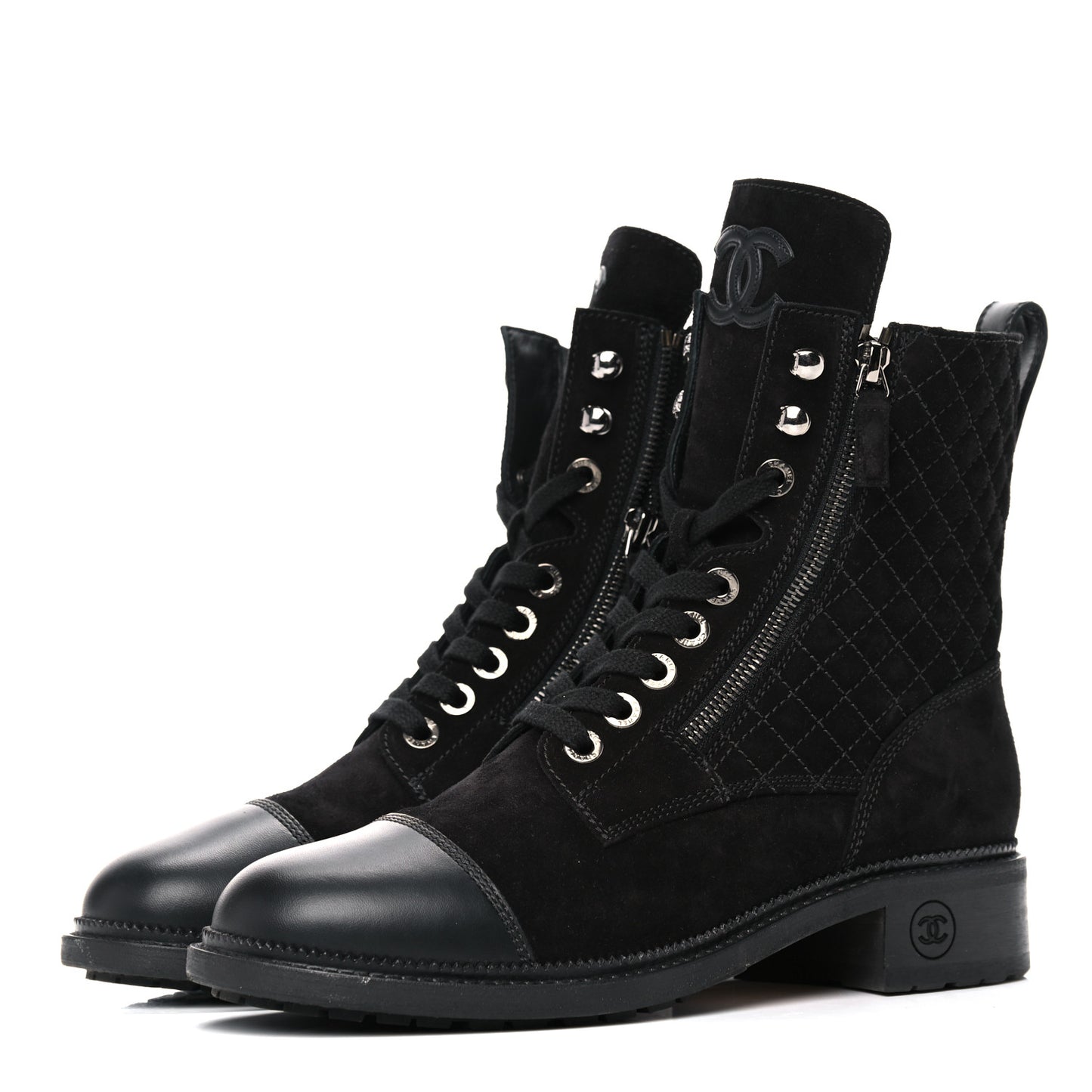 Suede Quilted CC Lace Up Combat Boots 41 Black