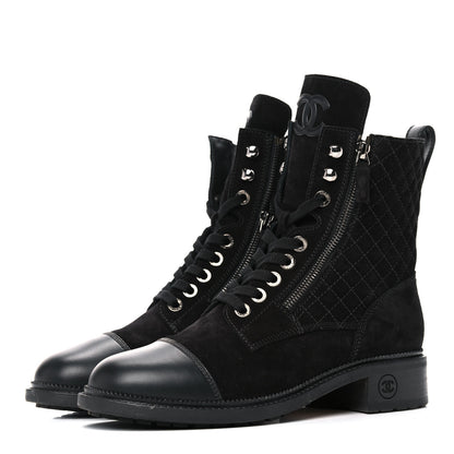 Chanel Suede Quilted CC Lace Up Combat Boots 41 Black 3 of 11