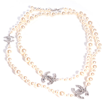 Chanel Crystal Pearl CC Long Necklace Silver 1 of 5