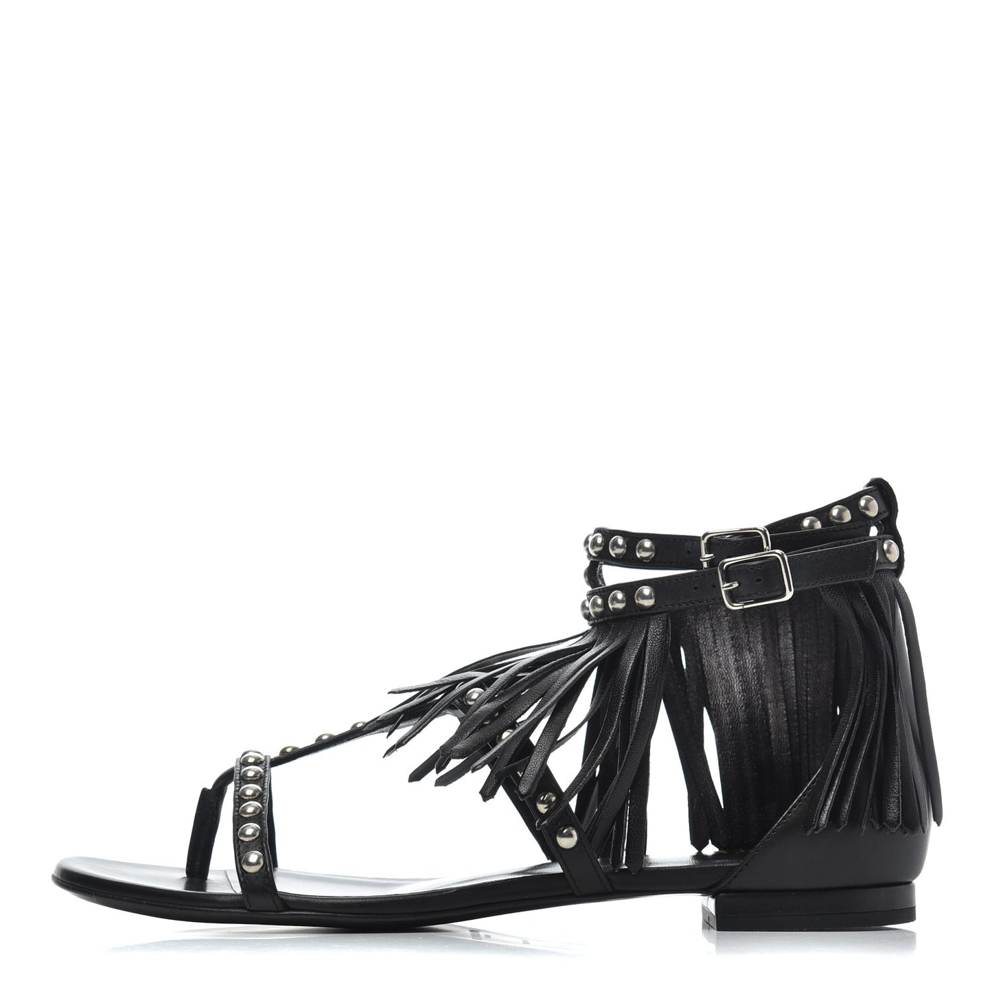 Calfskin Studded Fringe Cyuko Sandals 37 Black