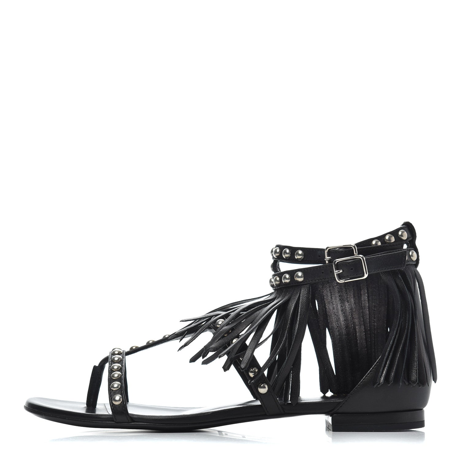 Saint Laurent Calfskin Studded Fringe Cyuko Sandals 37 Black 1 of 18