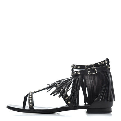 Saint Laurent Calfskin Studded Fringe Cyuko Sandals 37 Black 1 of 18