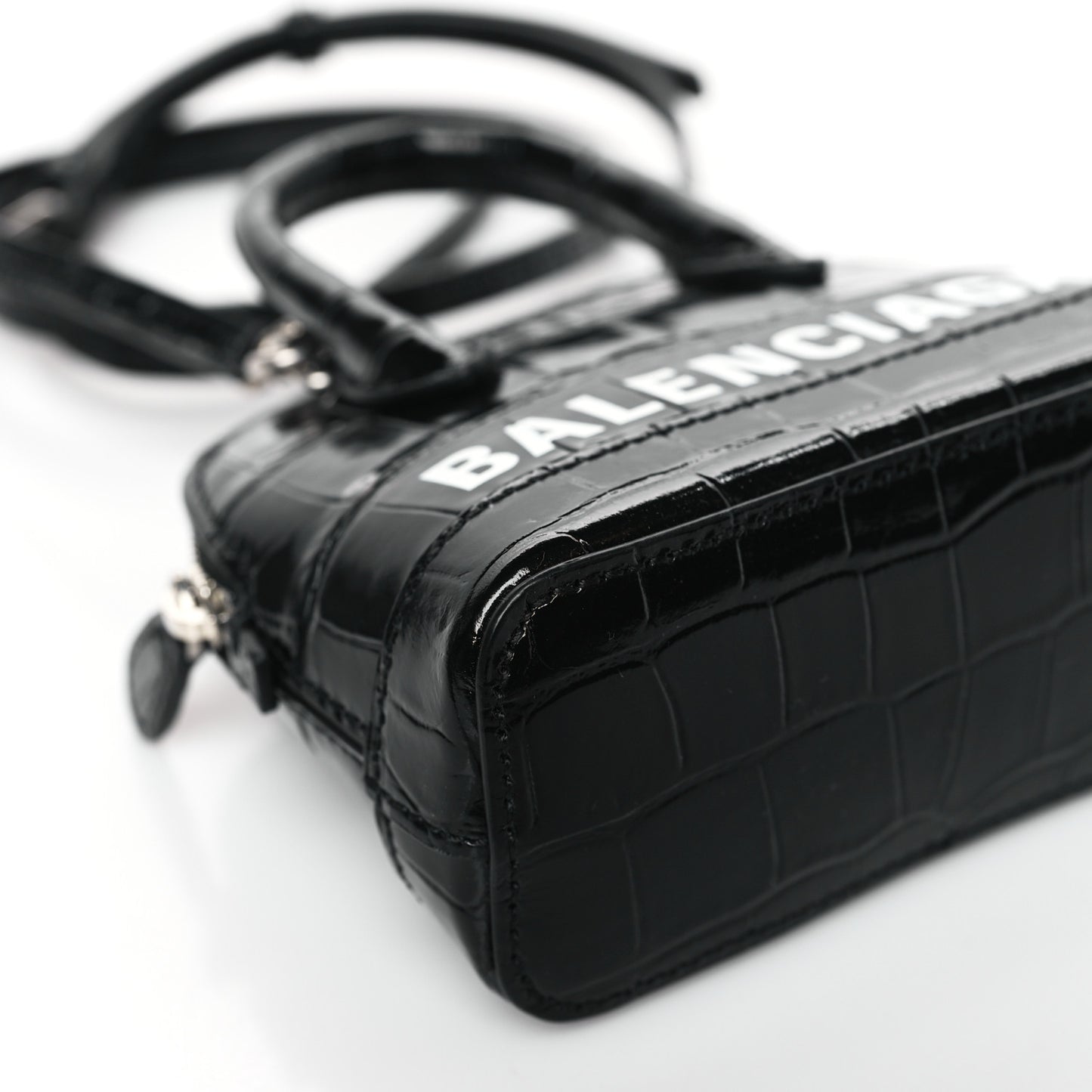 Shiny Calfskin Logo Crocodile Embossed XXS Ville Top Handle Bag Black White