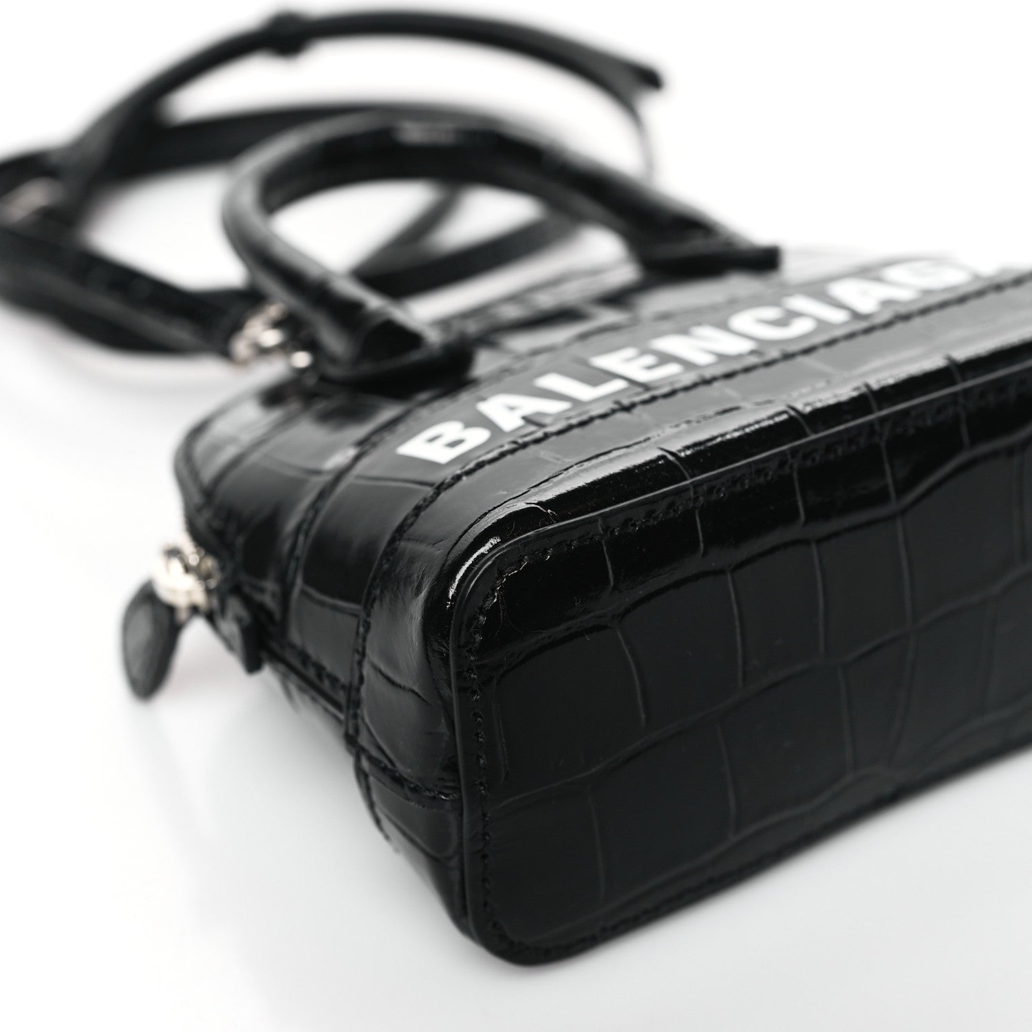Balenciaga Shiny Calfskin Logo Crocodile Embossed XXS Ville Top Handle Bag Black White 7 of 8