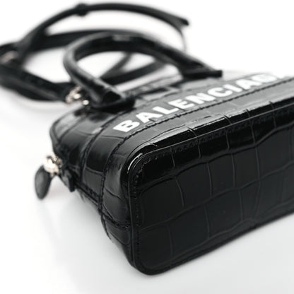 Balenciaga Shiny Calfskin Logo Crocodile Embossed XXS Ville Top Handle Bag Black White 7 of 8