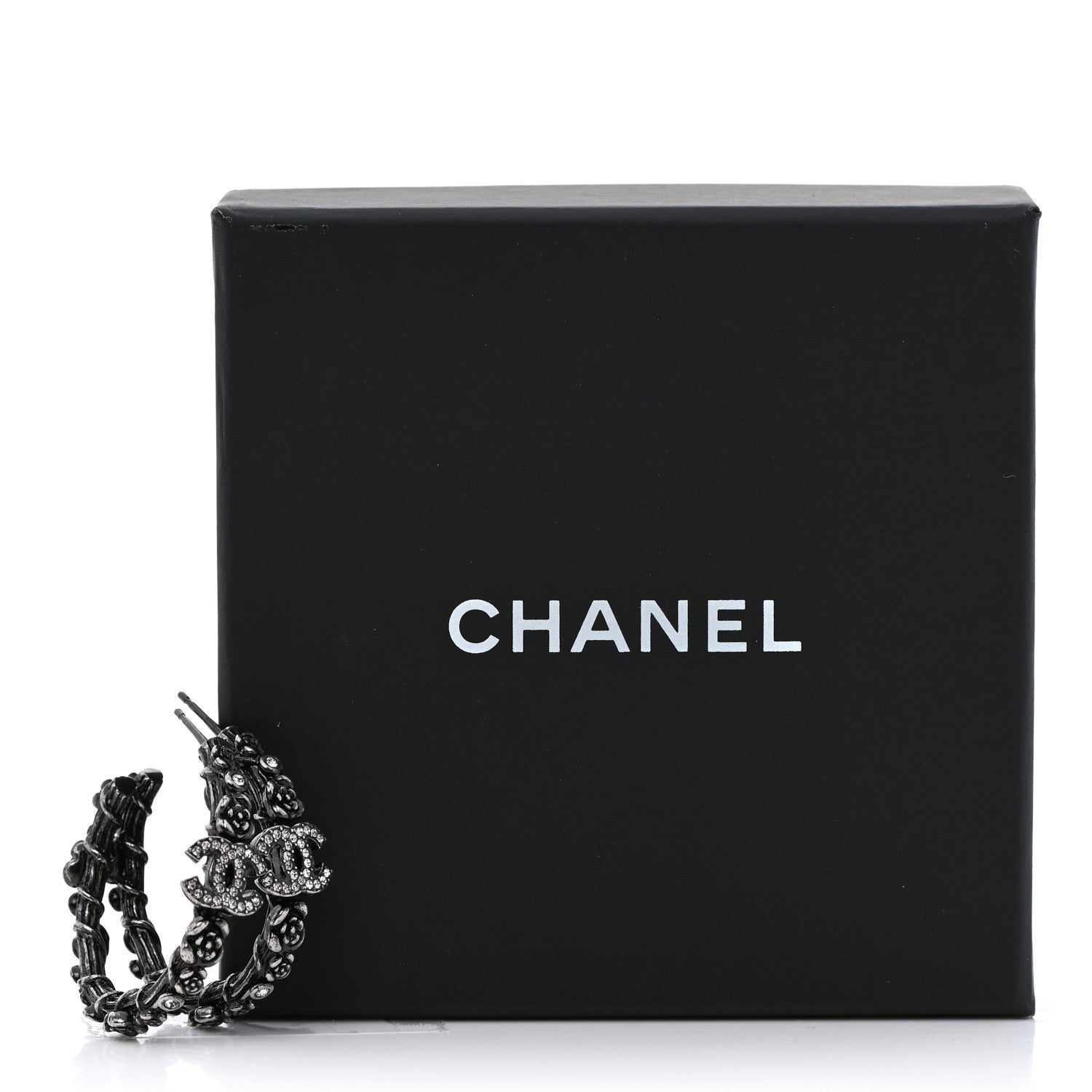 Chanel Crystal Camellia CC Hoop Earrings Ruthenium 5 of 5