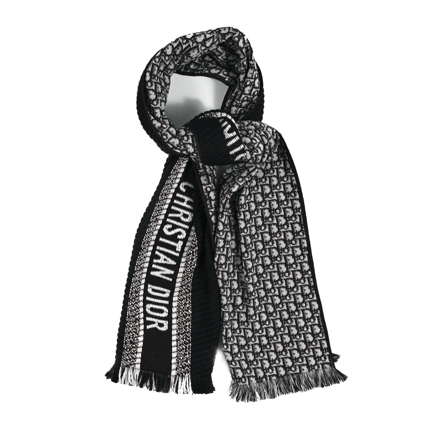 Cashmere Oblique Fringed Scarf Navy