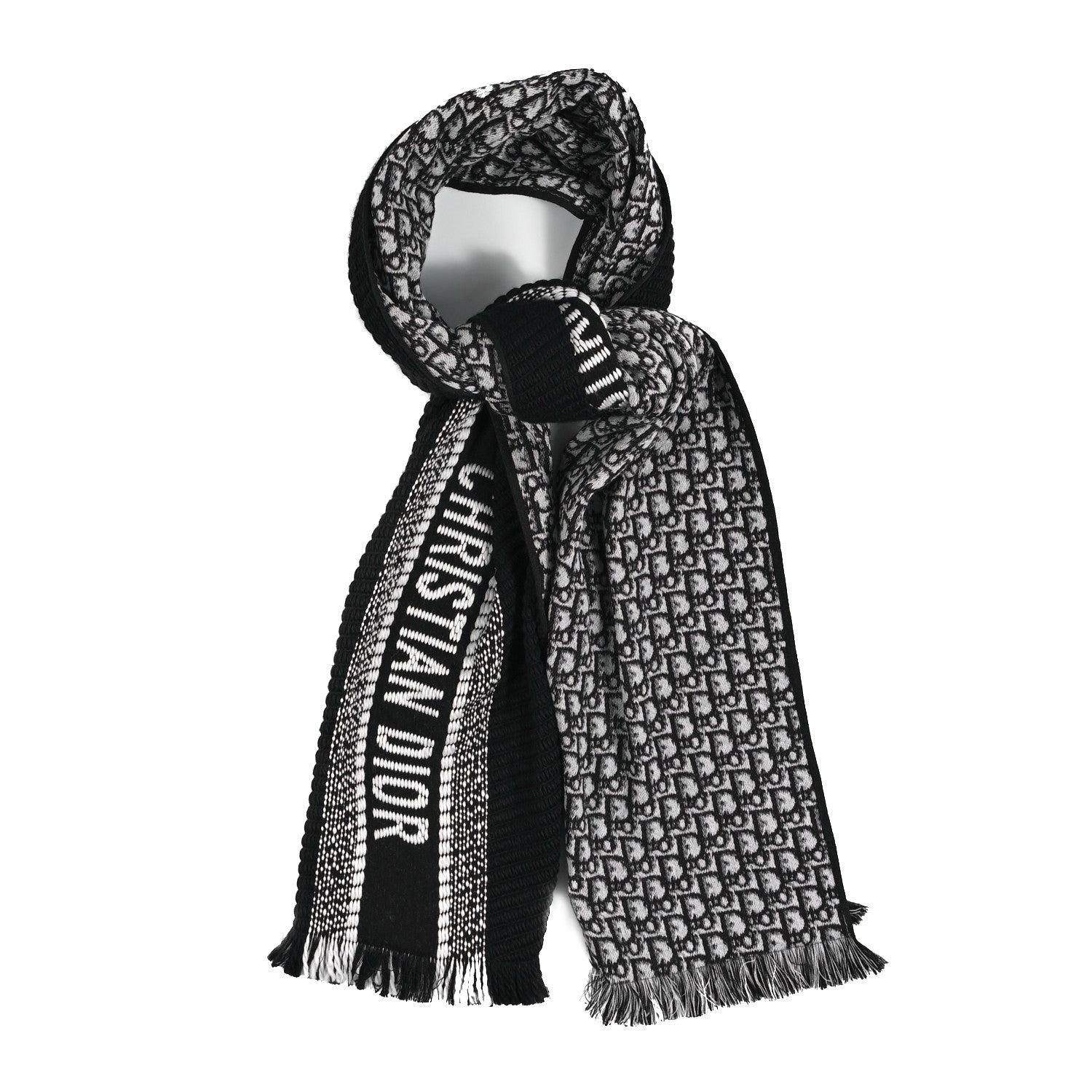 Christian Dior Cashmere Oblique Fringed Scarf Navy 1 of 4