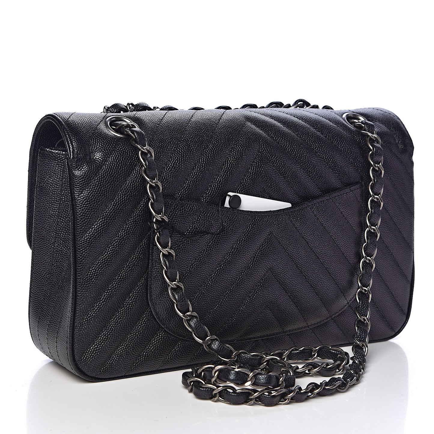 Iridescent Caviar Chevron Quilted Medium Double Flap Black