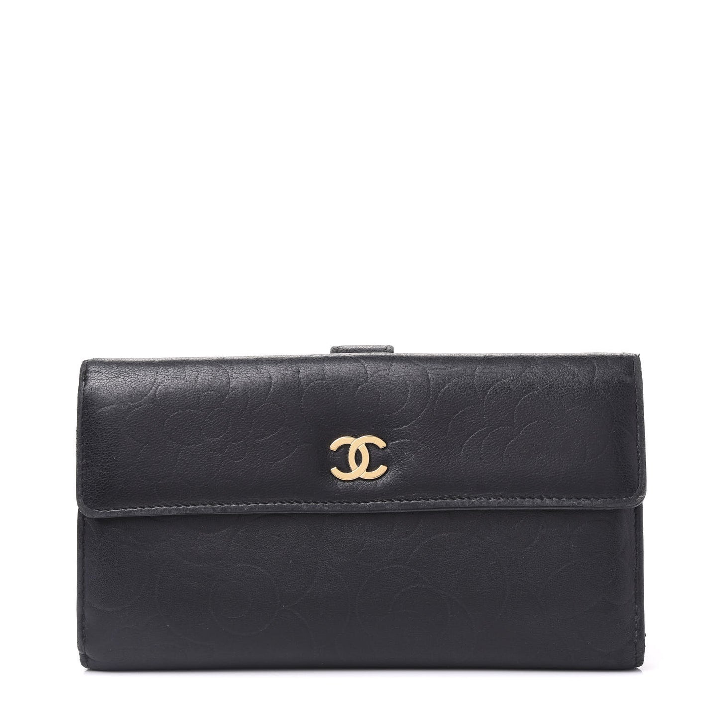Lambskin Camellia Embossed Long Double Wallet Black