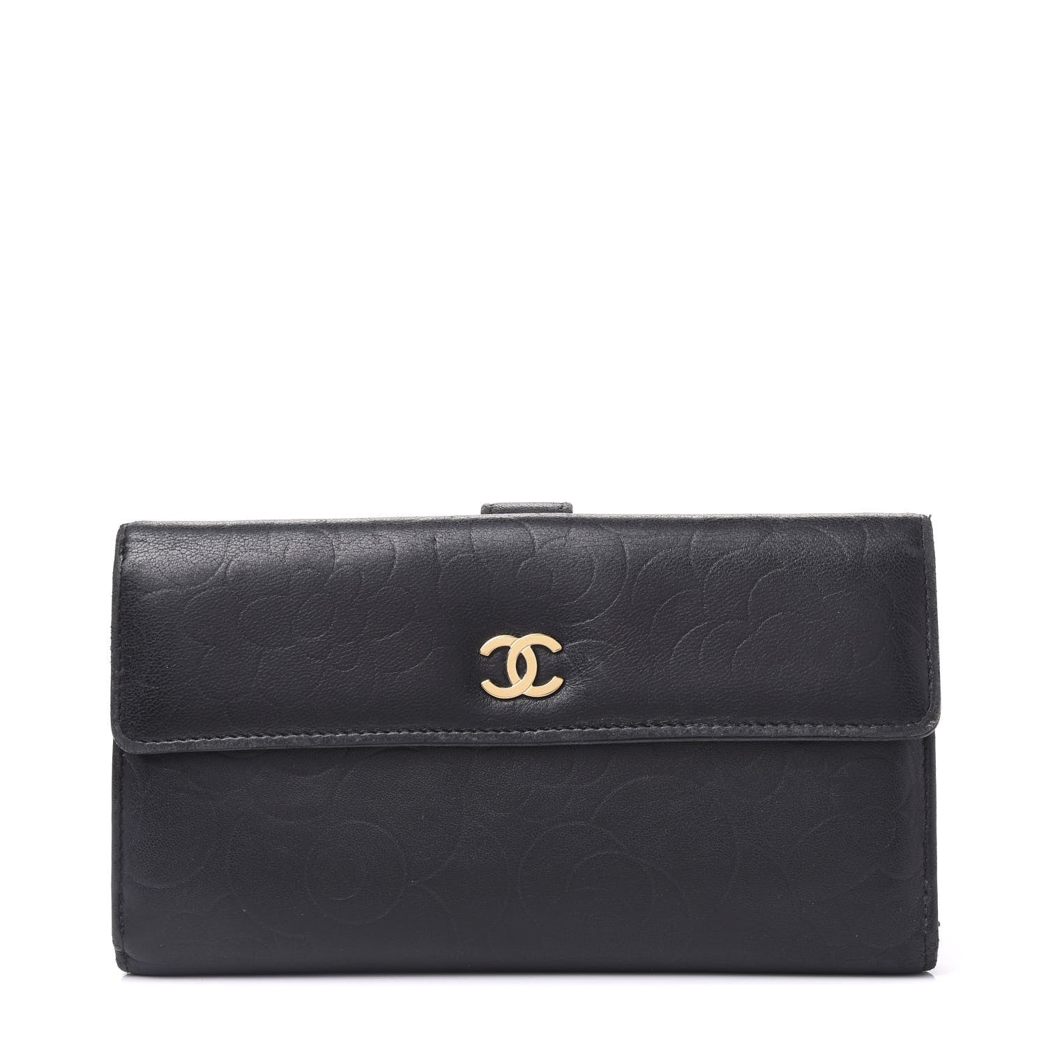 Chanel Lambskin Camellia Embossed Long Double Wallet Black 1 of 9
