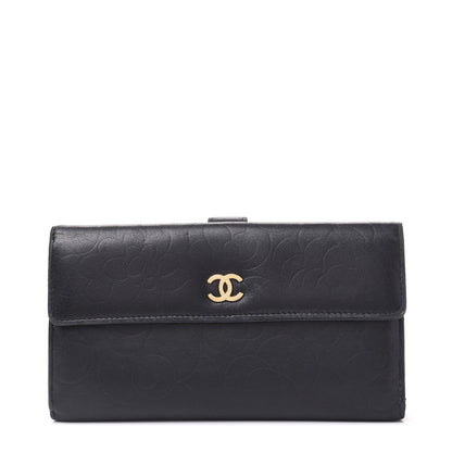 Chanel Lambskin Camellia Embossed Long Double Wallet Black 1 of 9