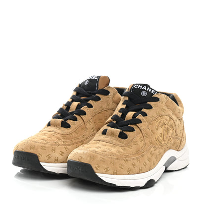 Chanel Nylon Suede Calfskin Printed CC Sneakers 37.5 Beige 3 of 9