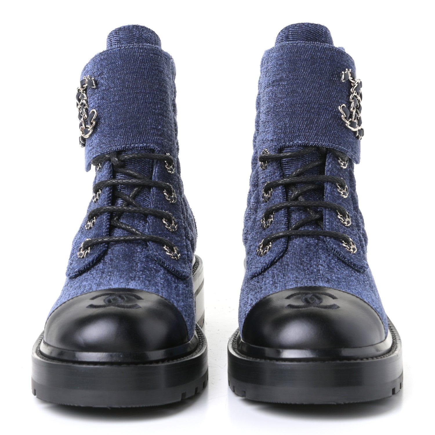 Chanel Denim Calfskin Quilted Lace Up Combat Boots 38 Blue 4 of 12