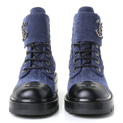 Chanel Denim Calfskin Quilted Lace Up Combat Boots 38 Blue 4 of 12