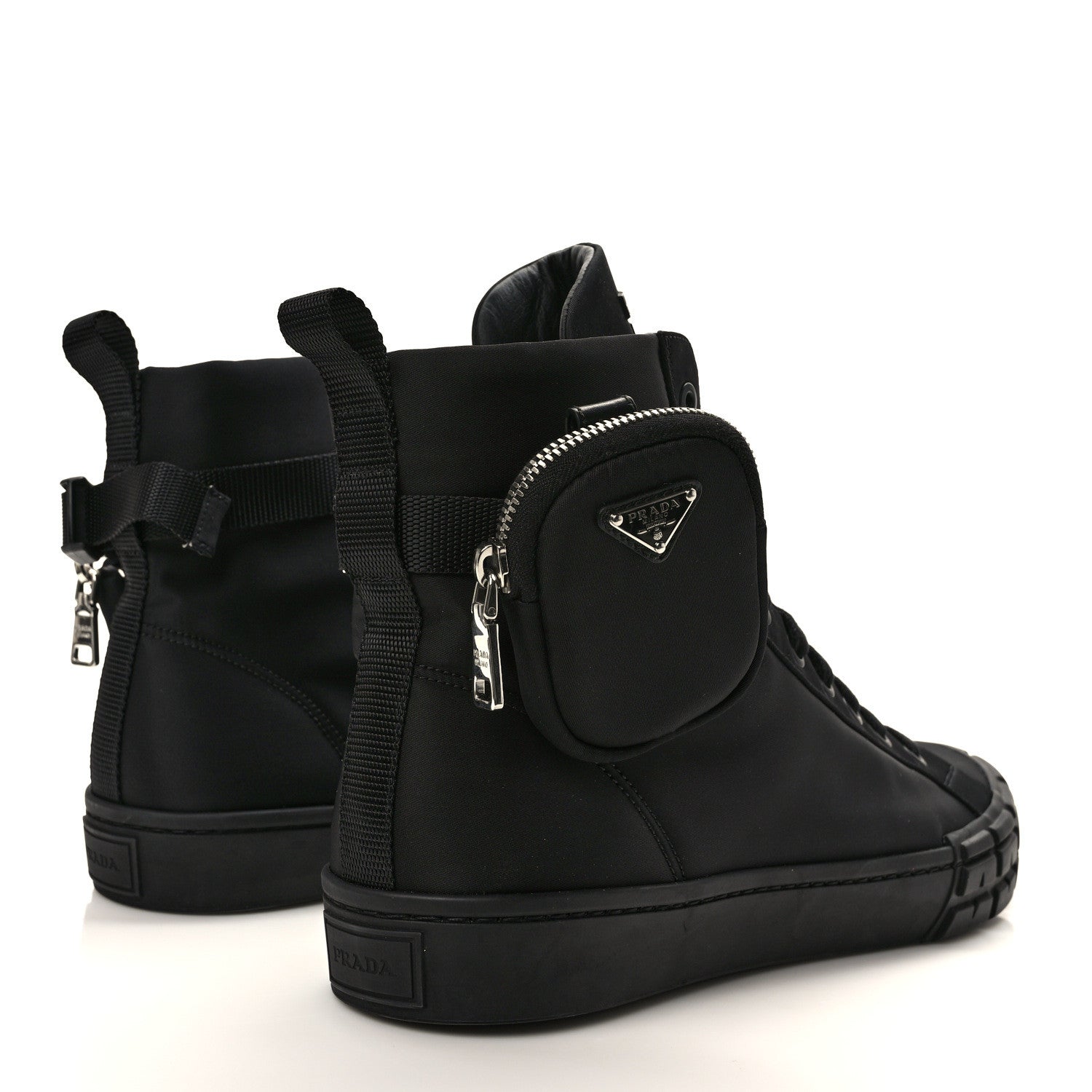 Prada Re-Nylon Gabardine Metal Triangle Logo Mens Wheel Pouch Pocket High Top Sneakers 12 Black 4 of 11