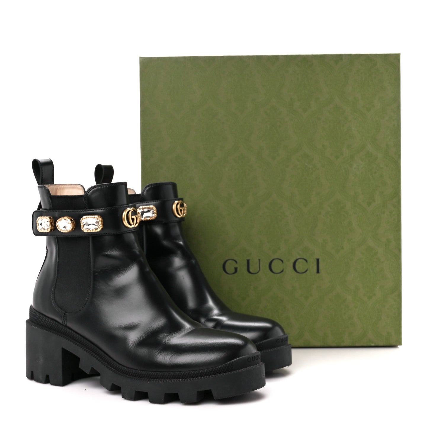 Calfskin Crystal GG Trip Chelsea Ankle Boots 38 Black