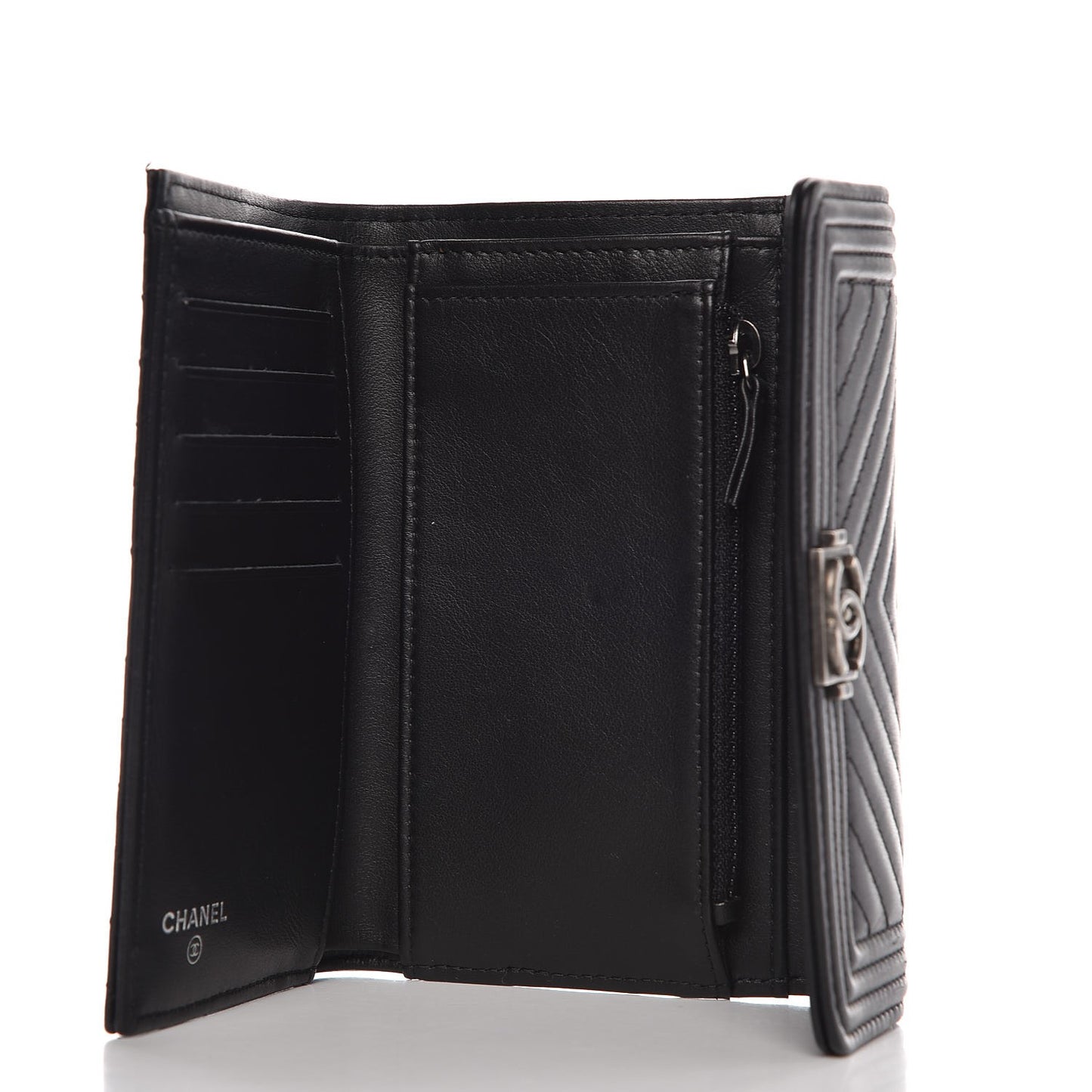 Calfskin Chevron Quilted Medium Boy Flap Wallet Black