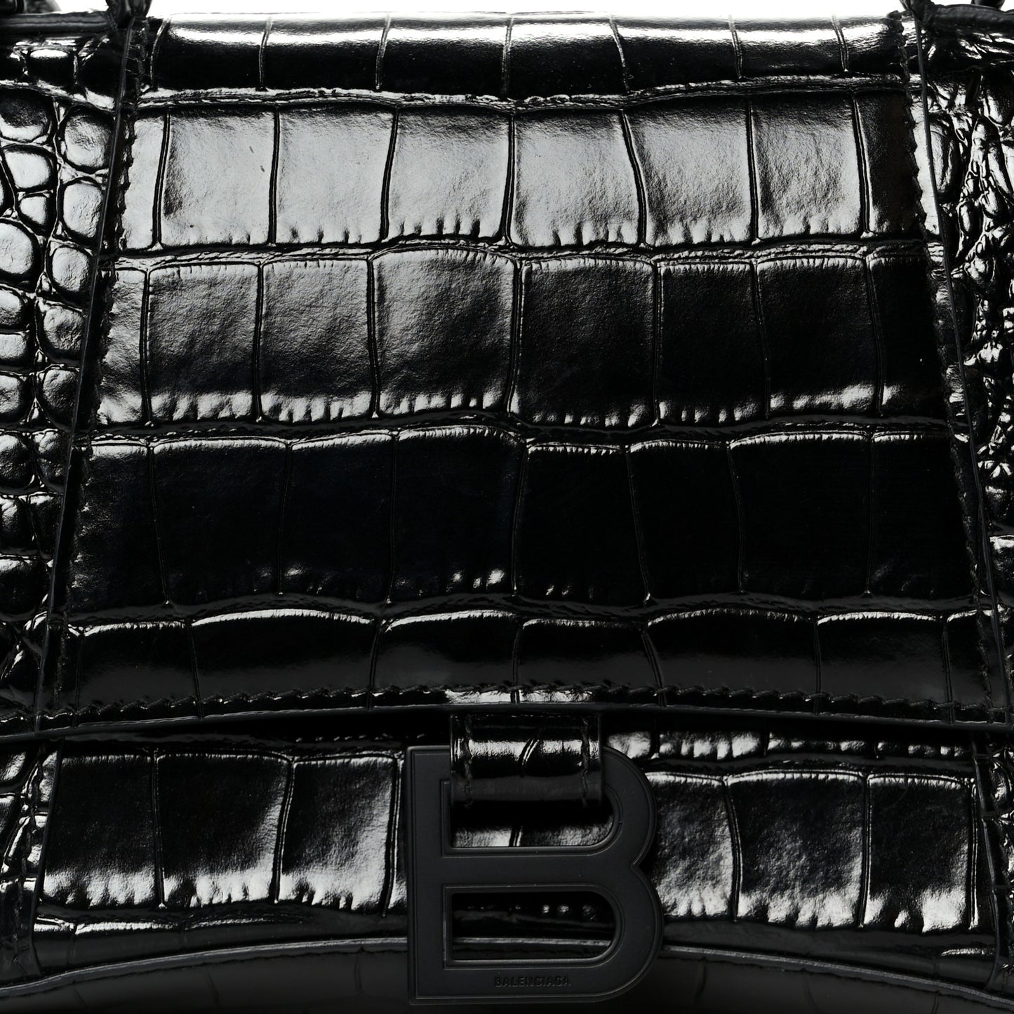 Shiny Calfskin Monochrome Crocodile Embossed Small Hourglass Top Handle Bag Black