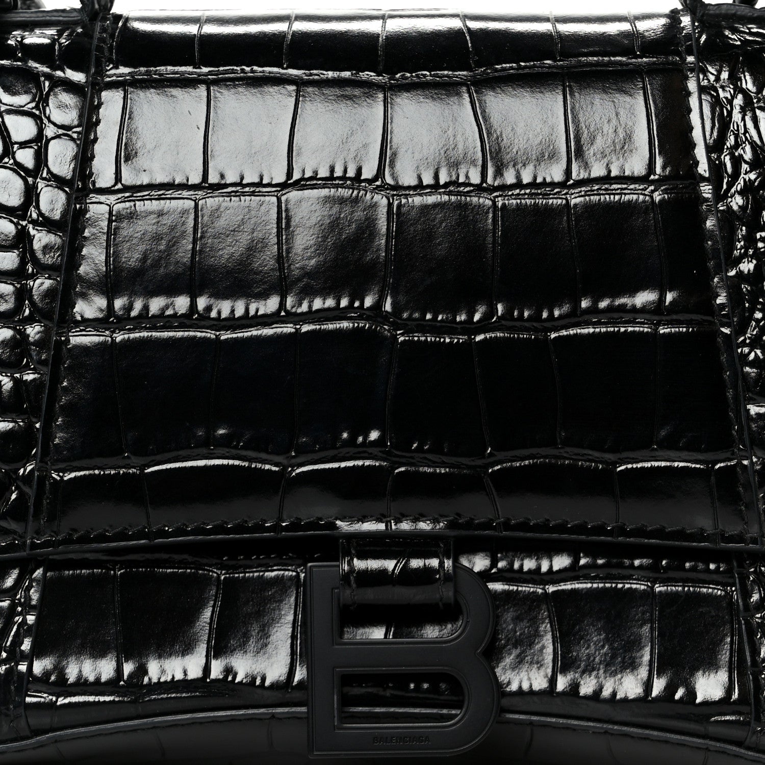 Balenciaga Shiny Calfskin Monochrome Crocodile Embossed Small Hourglass Top Handle Bag Black 8 of 10