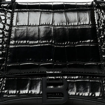 Balenciaga Shiny Calfskin Monochrome Crocodile Embossed Small Hourglass Top Handle Bag Black 8 of 10