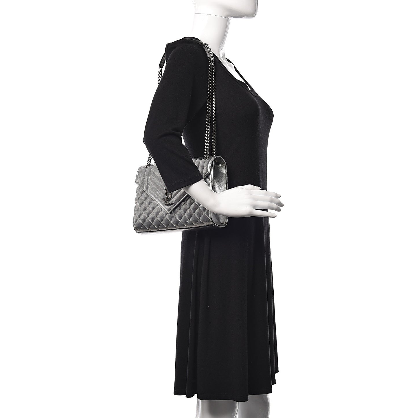 Metallic Grain De Poudre Textured Mixed Matelasse Triquilt Medium Monogram Satchel Silver