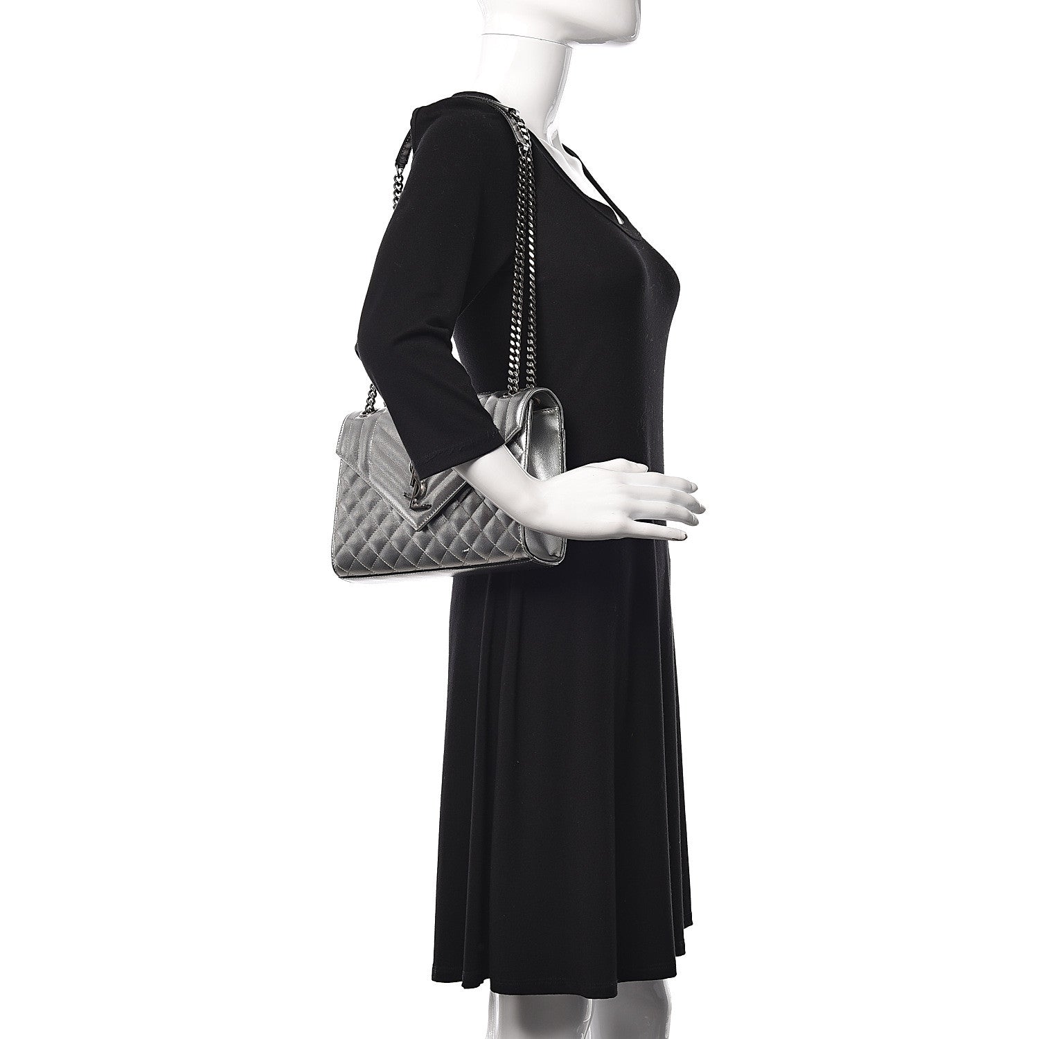 Saint Laurent Metallic Grain De Poudre Textured Mixed Matelasse Triquilt Medium Monogram Satchel Silver 2 of 10
