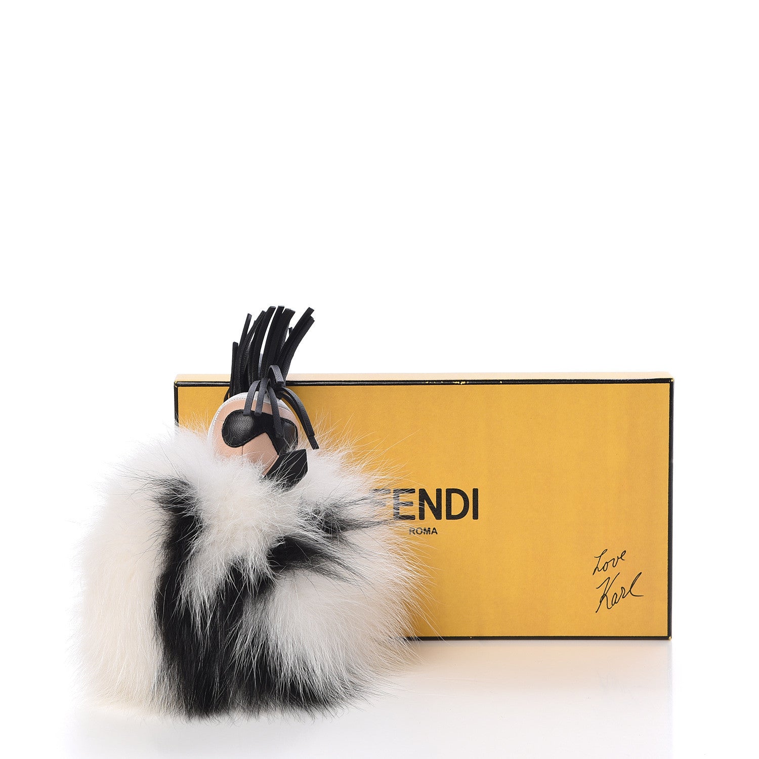 Fendi Lambskin Fox Fur Super Karlito Pom Pom Bag Charm Black White 5 of 5