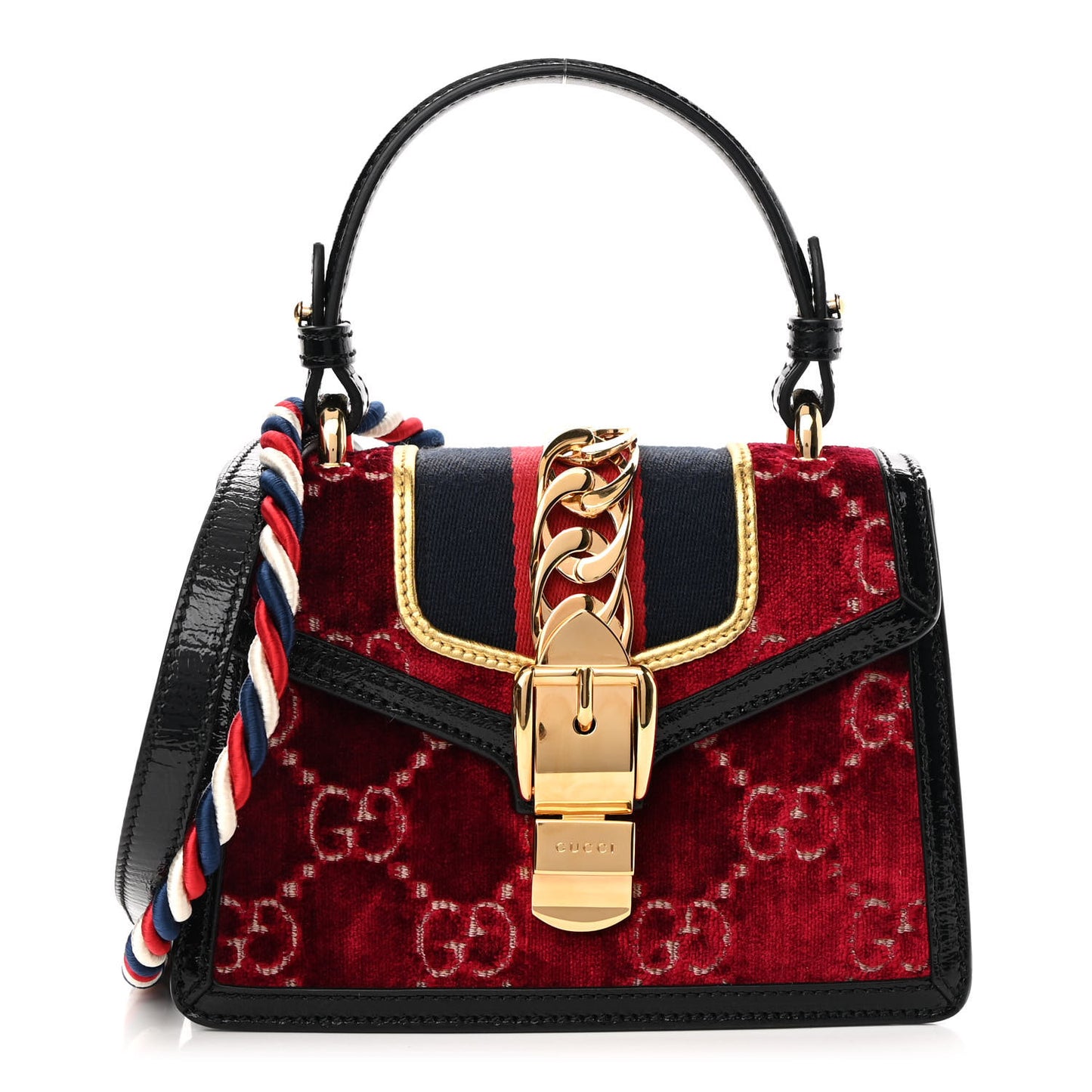 Velvet GG Monogram Mini Sylvie Top Handle Bag Red Cipria Black