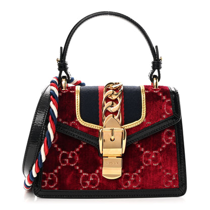 Gucci Velvet GG Monogram Mini Sylvie Top Handle Bag Red Cipria Black 1 of 10