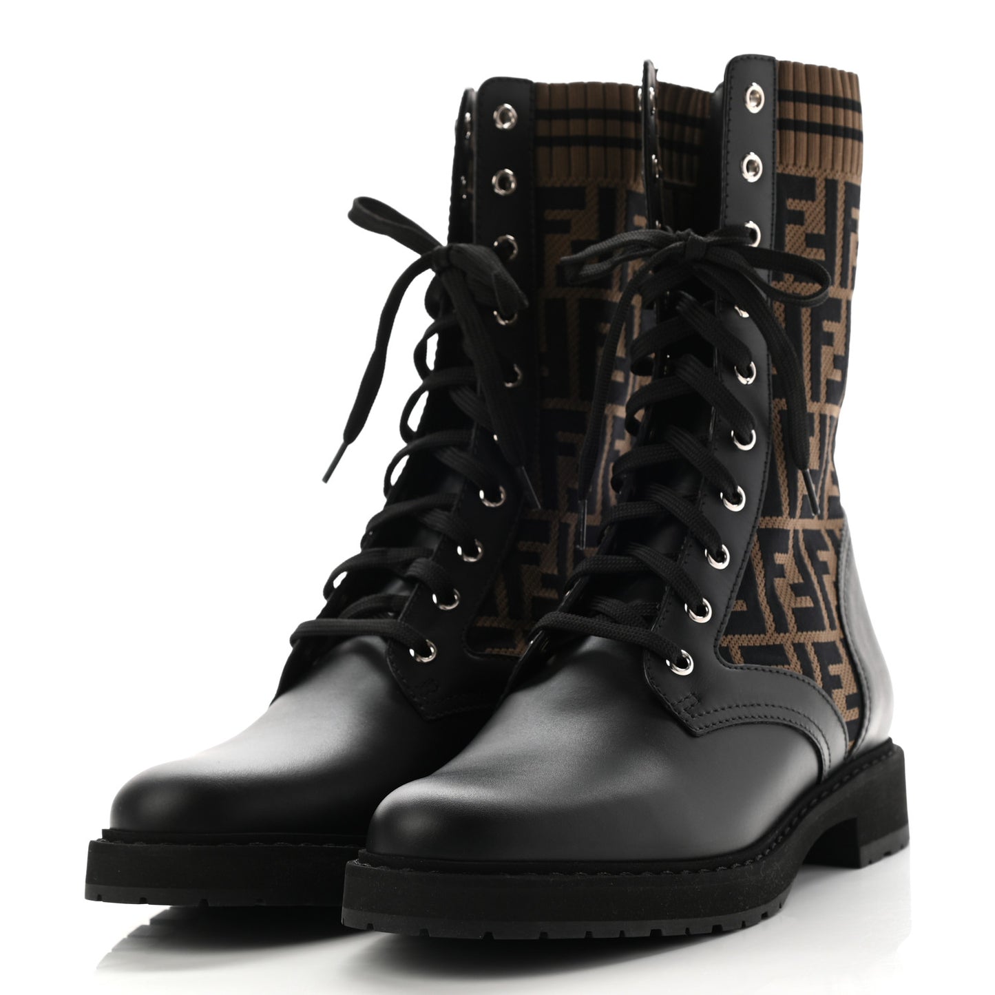 Calfskin Stretch Fabric FF Rockoko Biker Boots 41 Black Tobacco