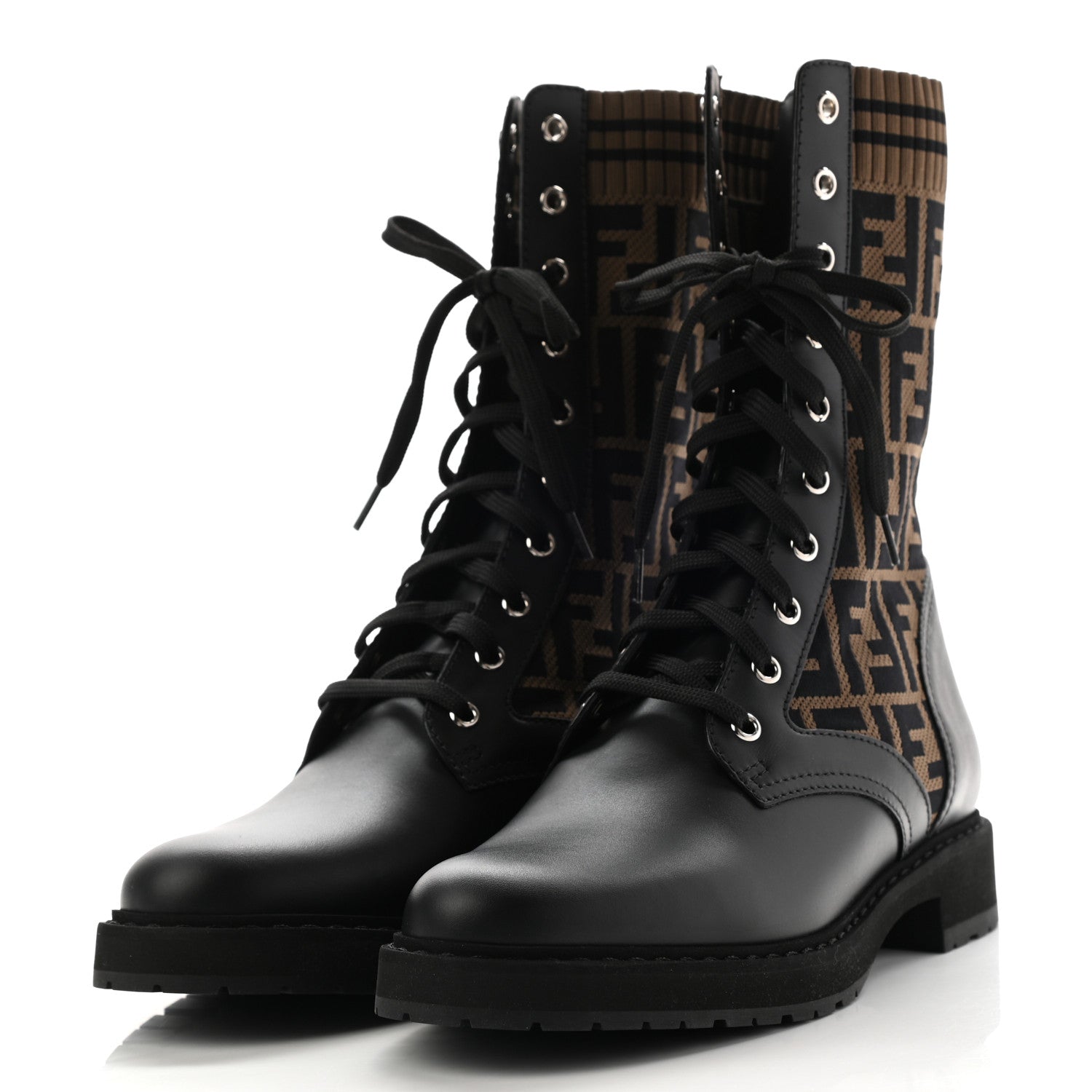 Fendi Calfskin Stretch Fabric FF Rockoko Biker Boots 41 Black Tobacco 3 of 7