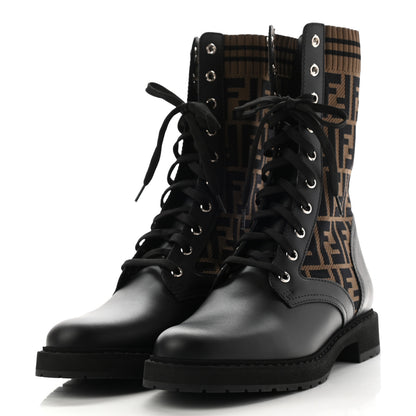 Fendi Calfskin Stretch Fabric FF Rockoko Biker Boots 41 Black Tobacco 3 of 7
