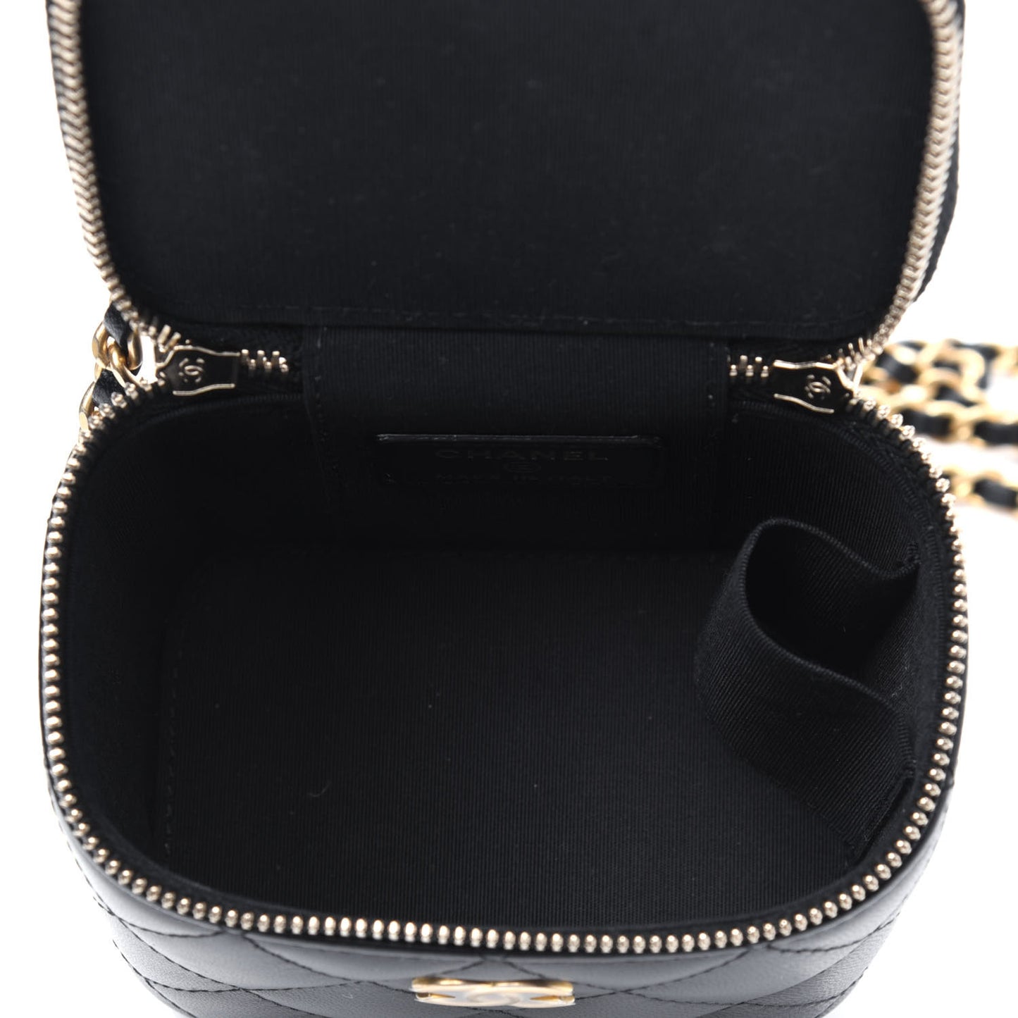 Lambskin Quilted Top Handle Mini Vanity Case With Chain Black