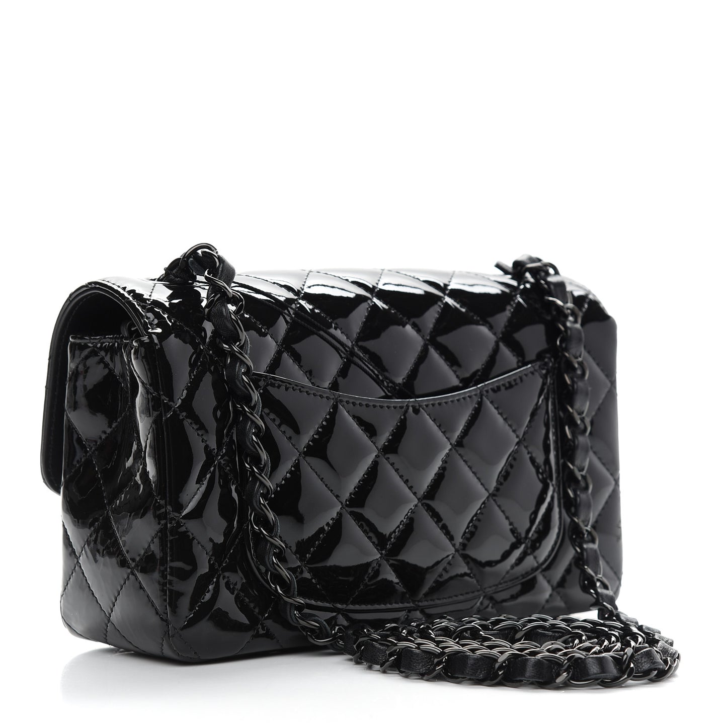 Patent Calfskin Quilted Mini Rectangular Flap So Black
