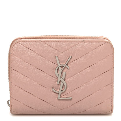 Saint Laurent Grain De Poudre Matelasse Chevron Monogram Compact Zip Around Wallet Pink 1 of 10