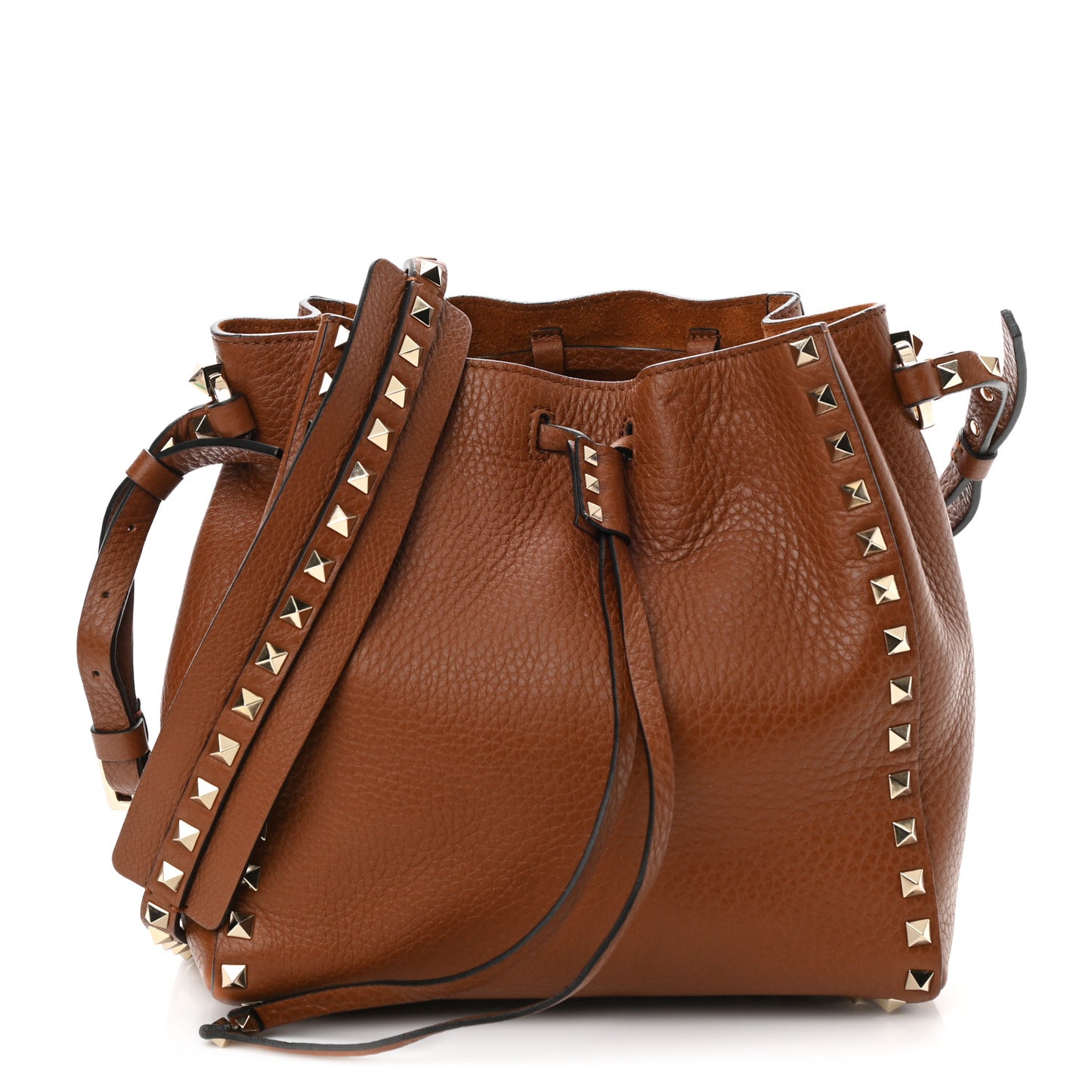 Grained Calfskin Rockstud Bucket Bag Saddle Brown