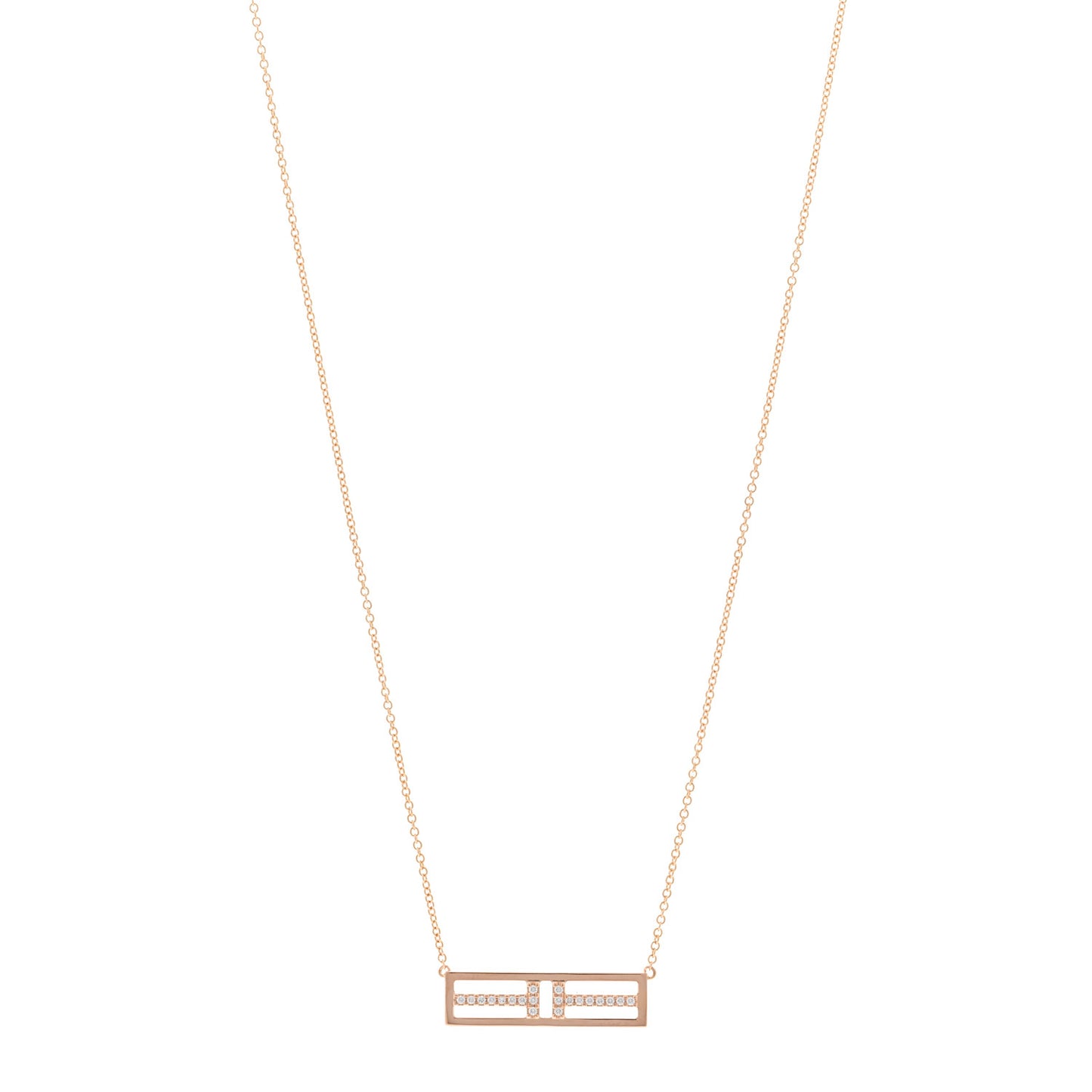 18K Rose Gold Diamond T Open Horizontal Bar Pendant Necklace