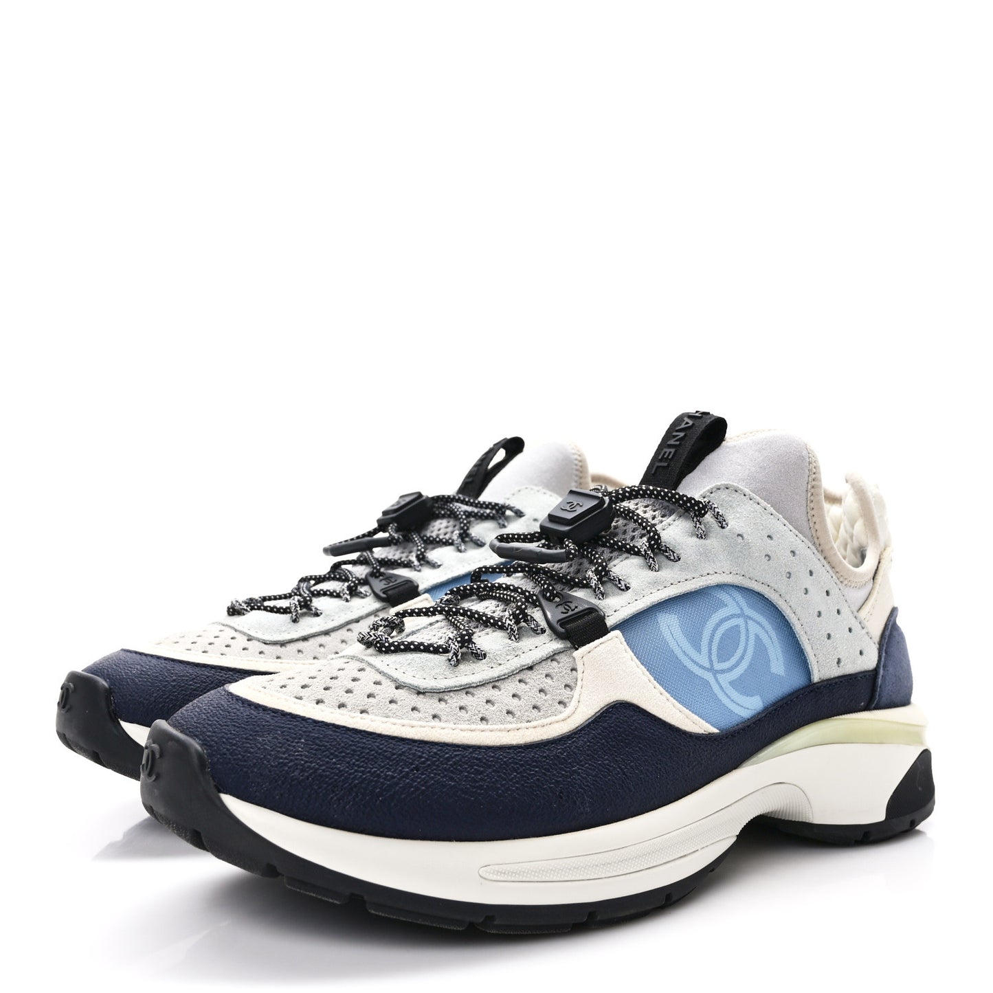 Fabric Suede Calfskin Mesh Womens CC Sneakers 39.5 Black Blue Ivory