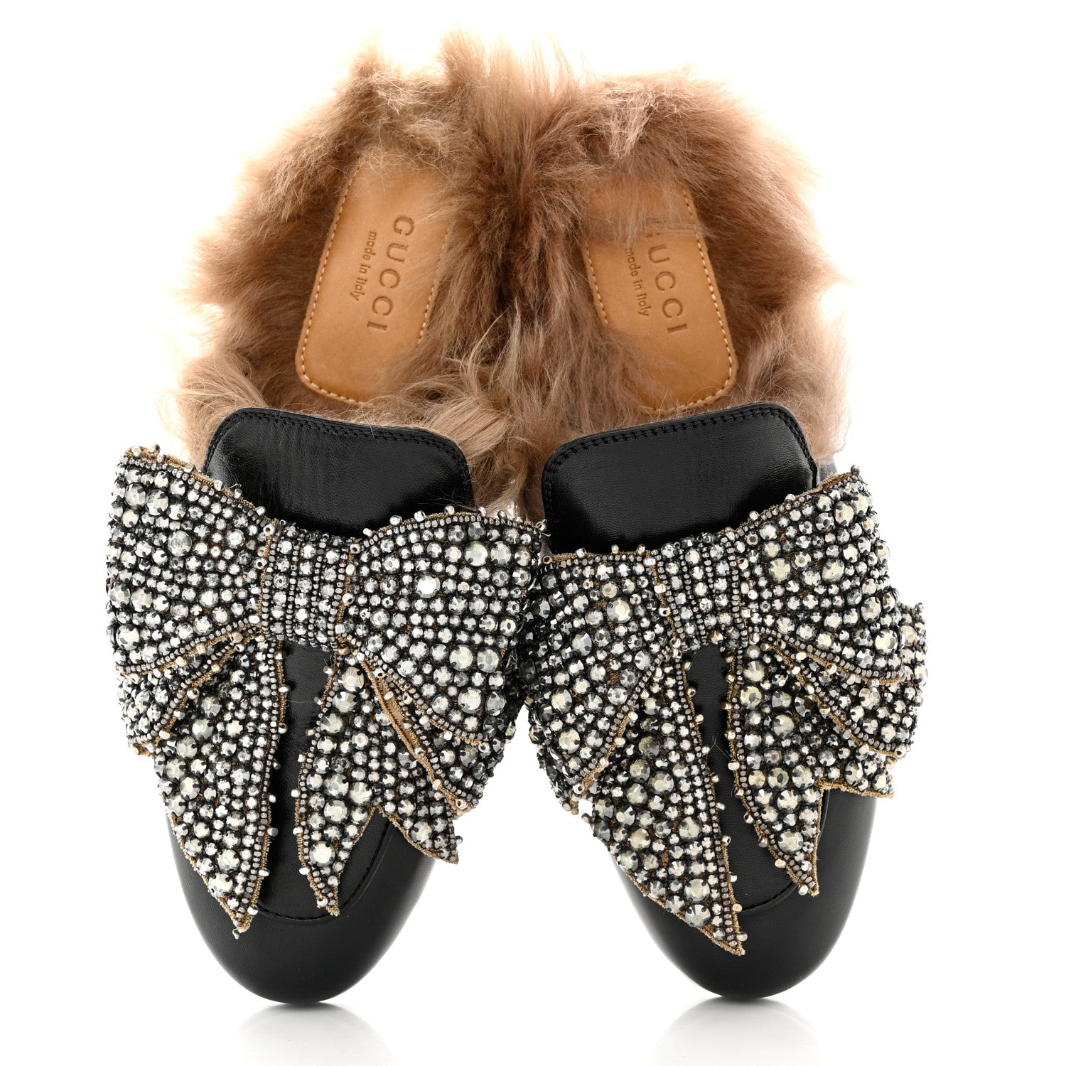 Gucci Malaga Kid Fur Crystal Bow Embroidered Womens Princetown Slippers 35 Black 5 of 11