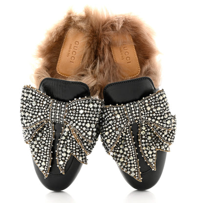 Gucci Malaga Kid Fur Crystal Bow Embroidered Womens Princetown Slippers 35 Black 5 of 11
