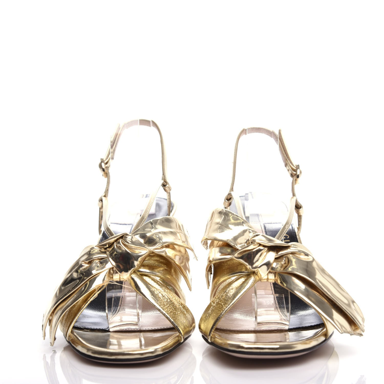 Gucci Metallic Nappa Bow Daphne Mid Heel Sandals 38.5 Platino 2 of 11