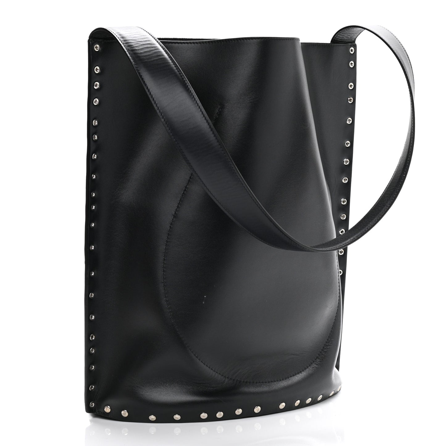 Satinated Natural Calfskin Large Studs Bucket Shoulder Bag Dark Navy
