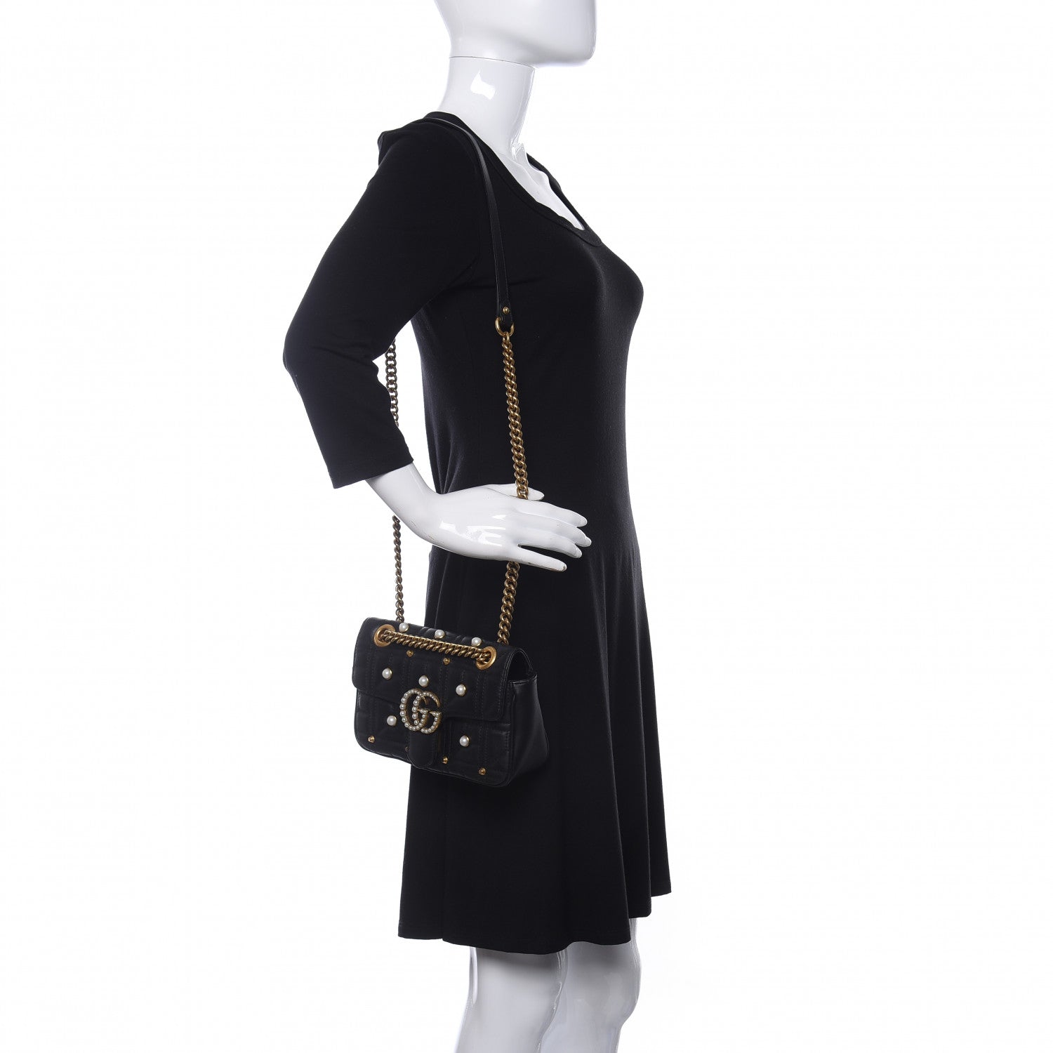 Gucci Calfskin Matelasse Studded Mini Pearly GG Marmont Shoulder Bag Black 2 of 9