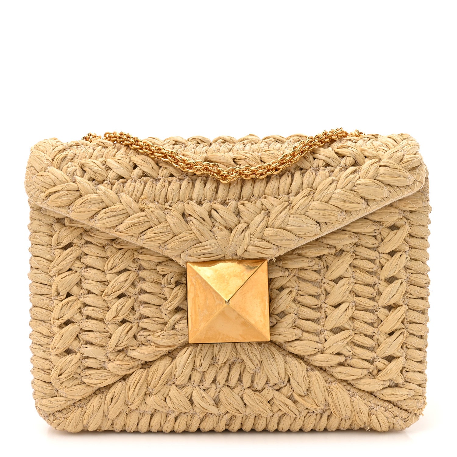 Valentino Garavani Raffia One Stud Chain Clutch Natural 1 of 8