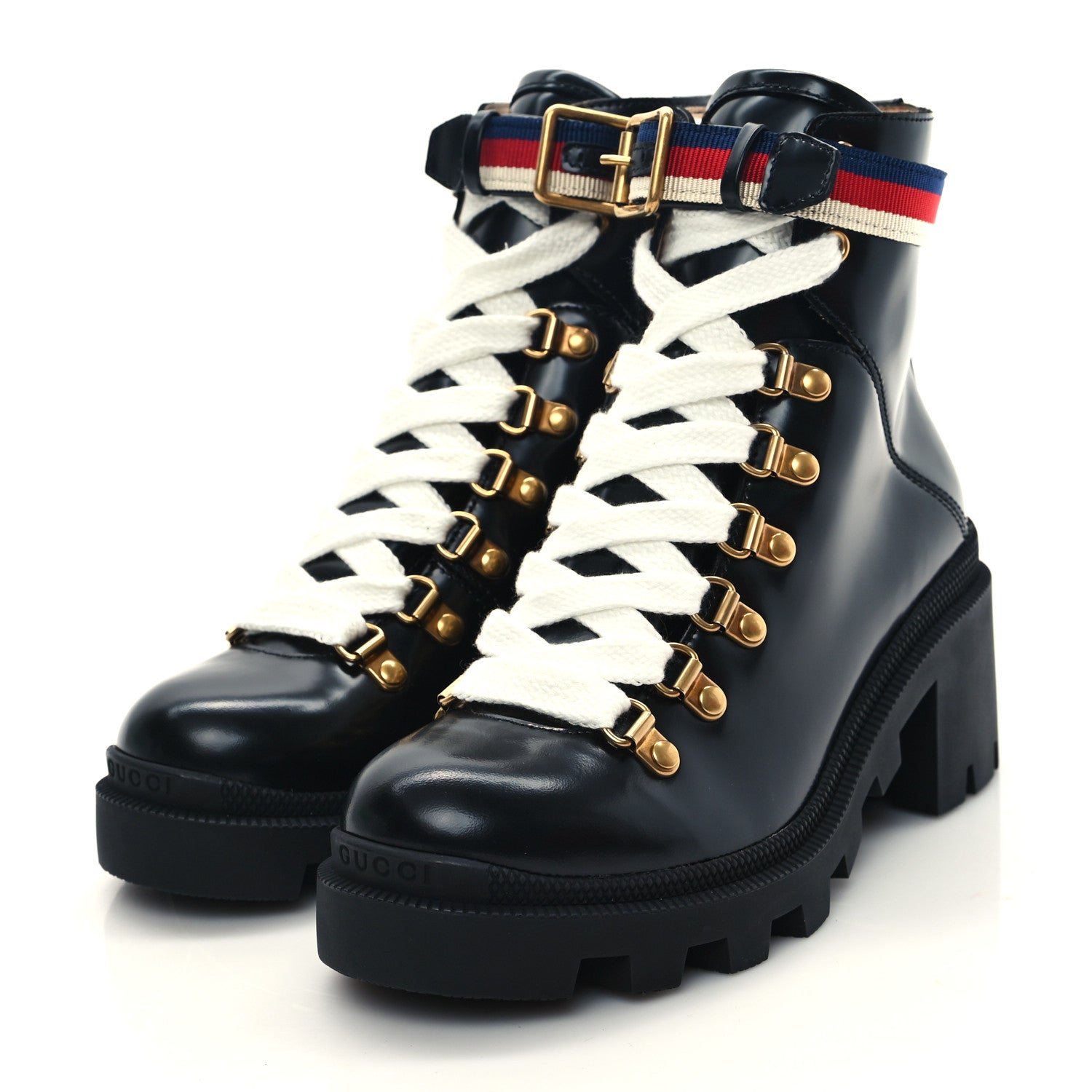 Gucci Calfskin Sylvie Web Lace Up Combat Boots 35 Black 4 of 12